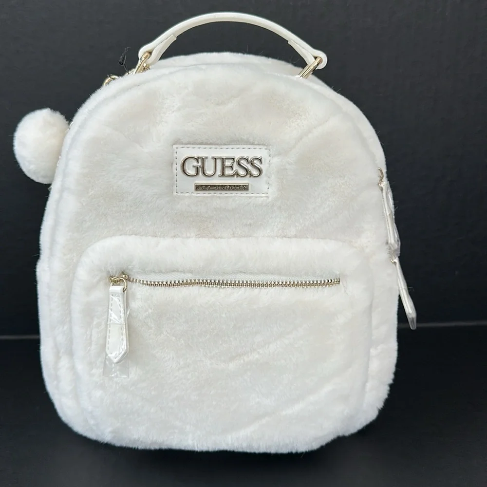 New Guess White Quilted Backpack with Pom-Pom Charm